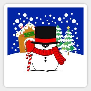 Jolly Christmas Snowman with a Top Hat and Candy Cane Magnet